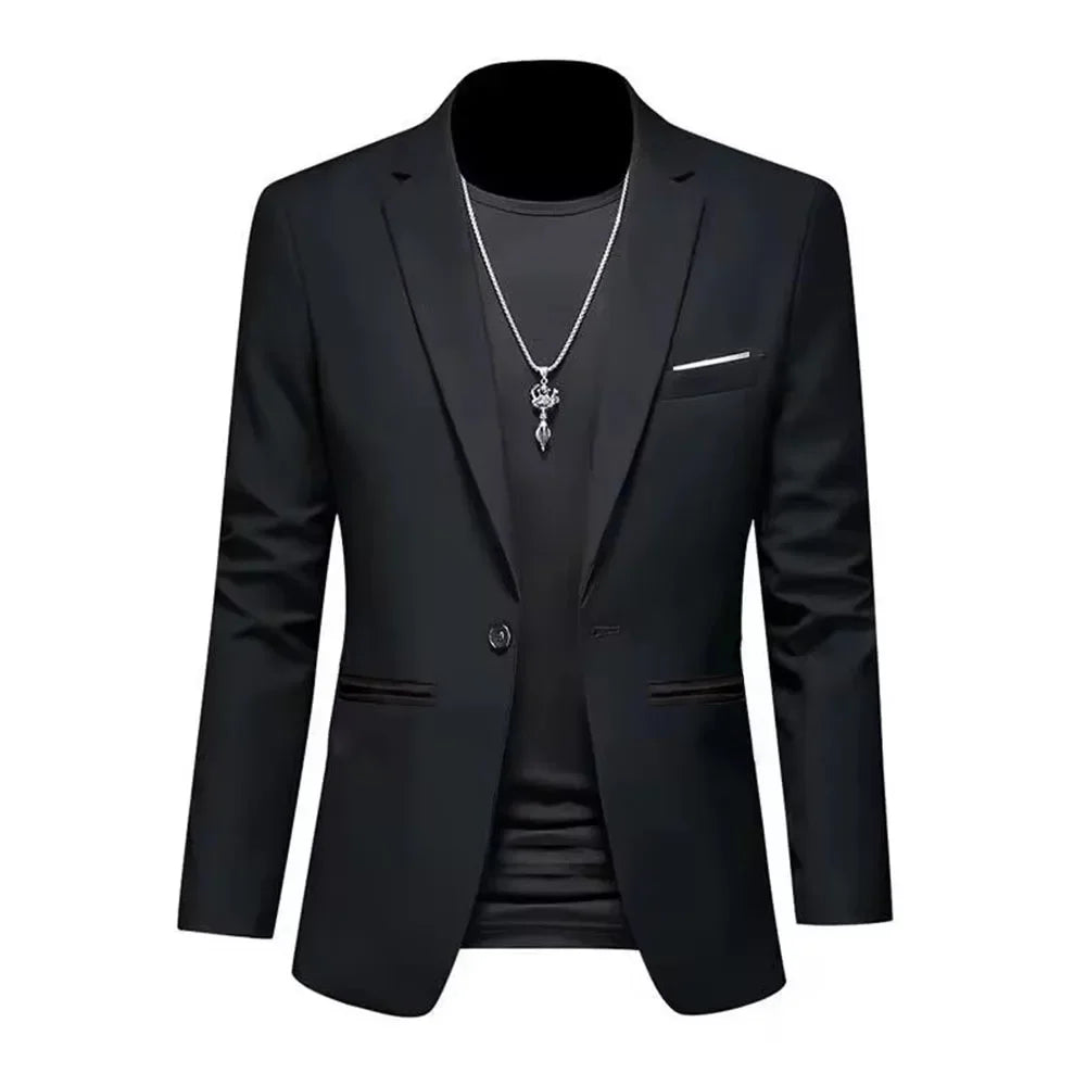 Men's slim fit blazer single button black - styled on mannequin with dark t-shirt and necklace, front view
