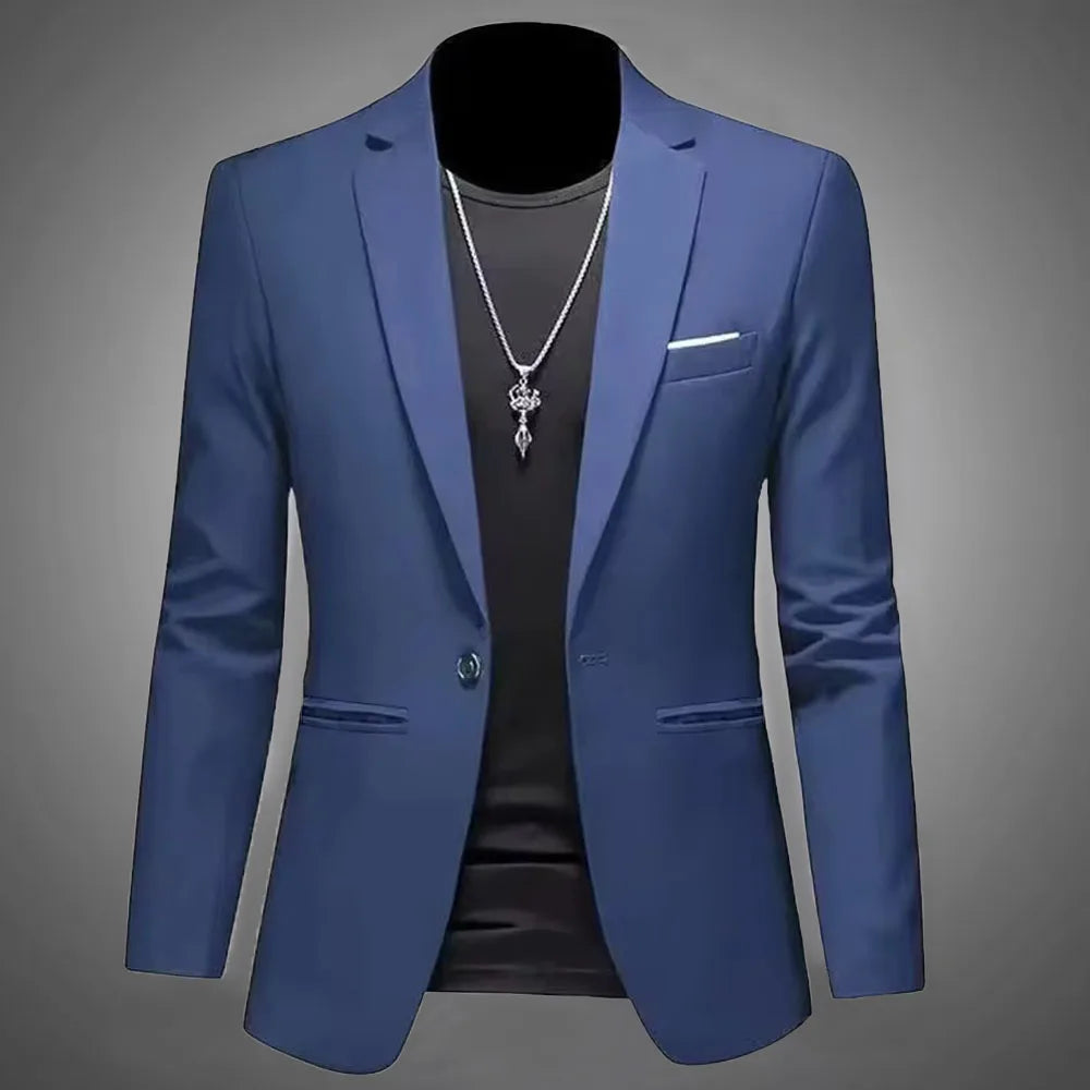 Men's slim fit blazer single button blue - front view, slim cut with chest pocket and side pockets
