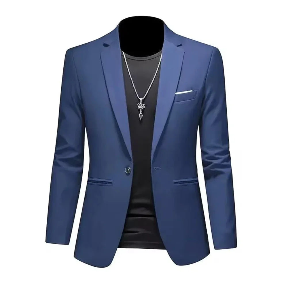 Men's slim fit blazer single button blue - styled on mannequin with dark t-shirt and necklace, front view