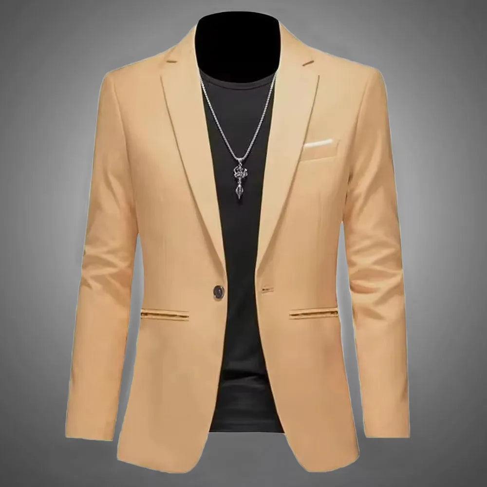 Men's slim fit blazer single button khaki beige - front view, slim cut with chest pocket and side pockets