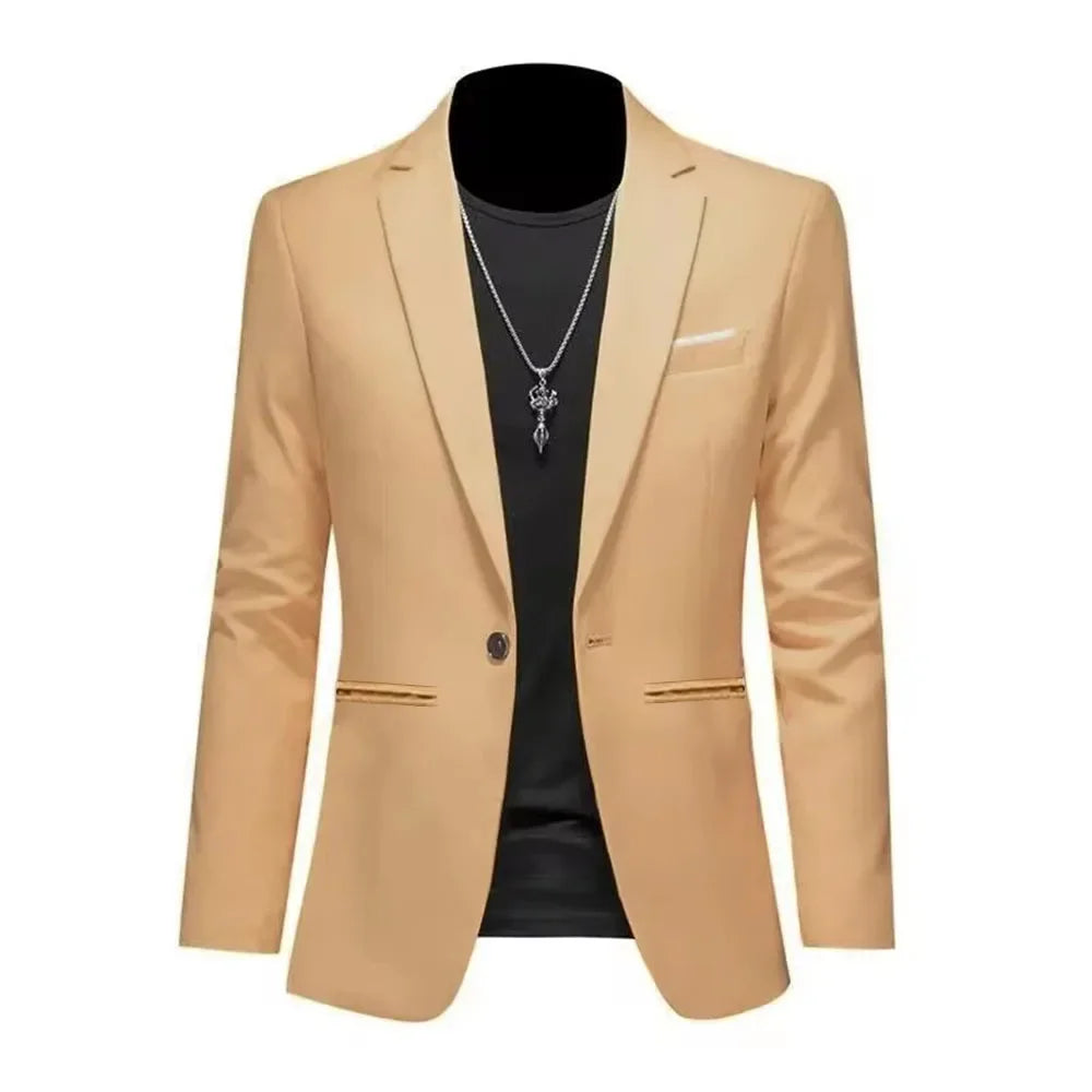 Men's slim fit blazer single button khaki beige - styled on mannequin with dark t-shirt and necklace, front view