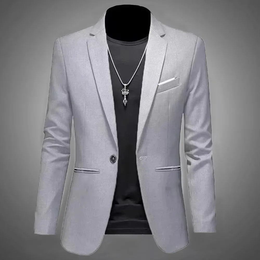 Men's slim fit blazer single button light gray - front view, slim cut with chest pocket and side pockets