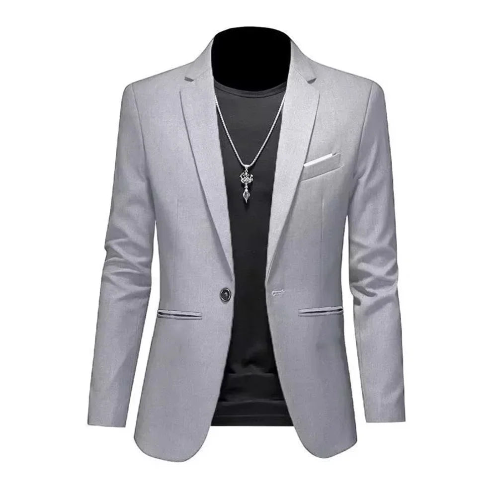 Men's slim fit blazer single button light gray - styled on mannequin with dark t-shirt and necklace, front view