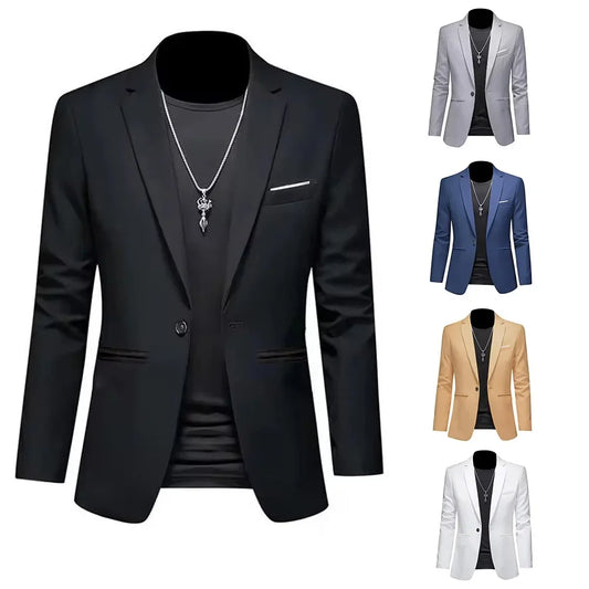 Men's slim fit blazer single button multiple colors display - Black, Light Gray, Blue, Beige, White