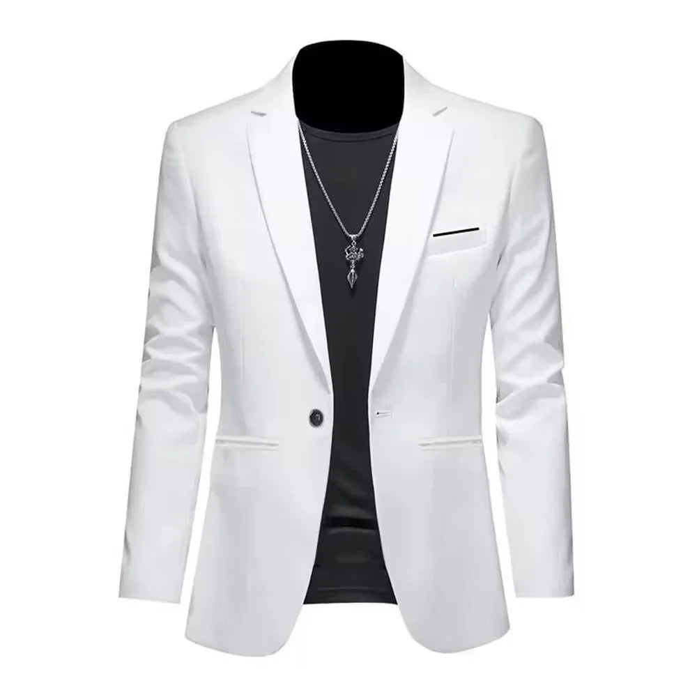 Men's slim fit blazer single button white - front view on white background, slim cut with chest pocket and side pockets