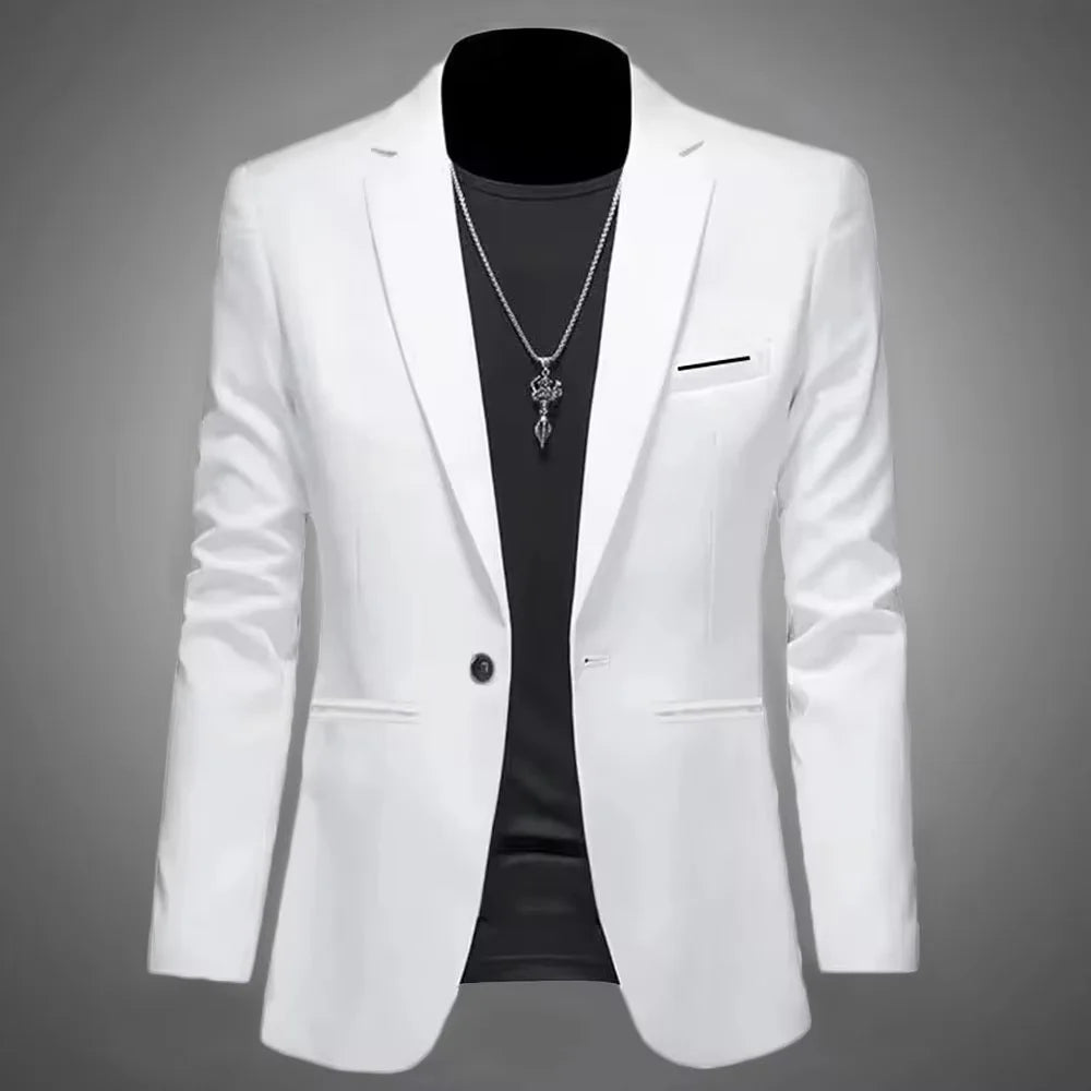 Men's slim fit blazer single button white - front view, slim cut with chest pocket and side pockets