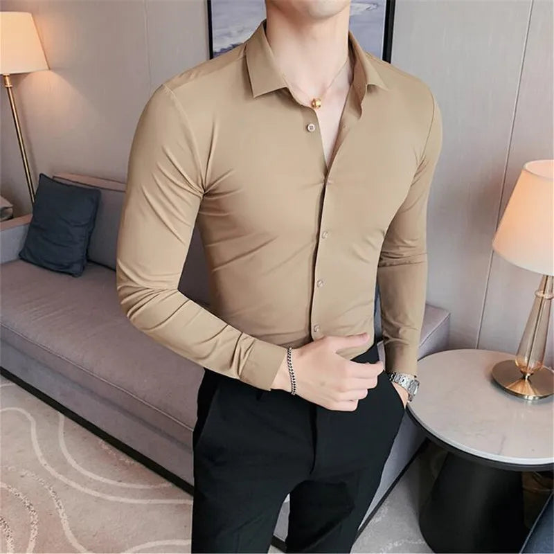 Men's slim fit dress shirt in beige broadcloth long sleeve business shirt - front view lifestyle