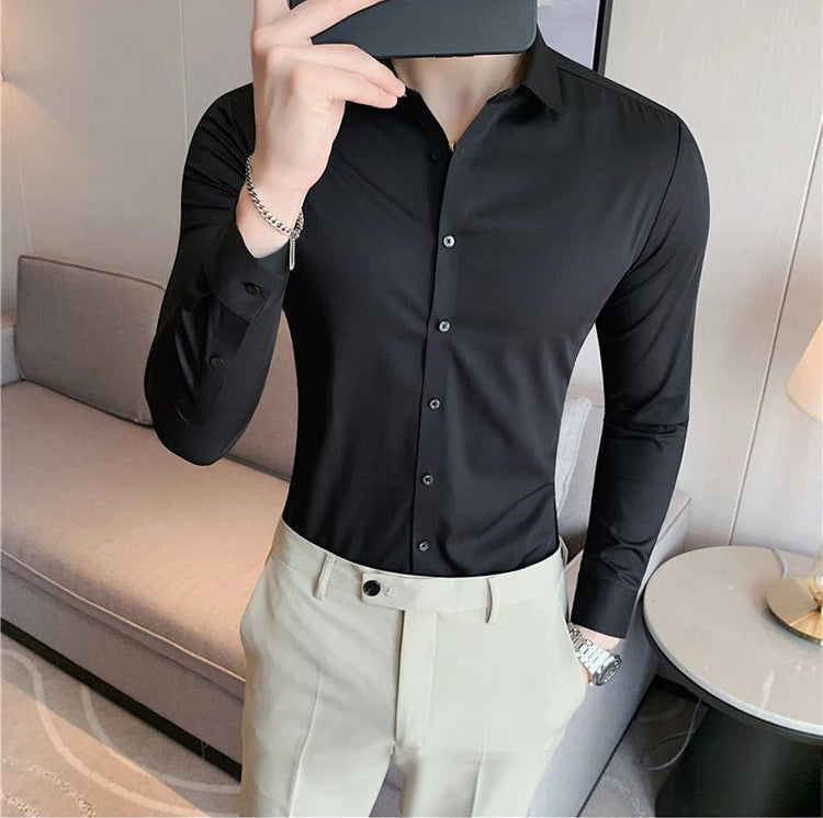 Men's slim fit dress shirt in black broadcloth long sleeve business shirt - front view full body outfit