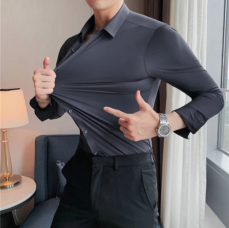 Men's slim fit dress shirt in charcoal gray broadcloth - fabric stretch and elasticity demonstration detail