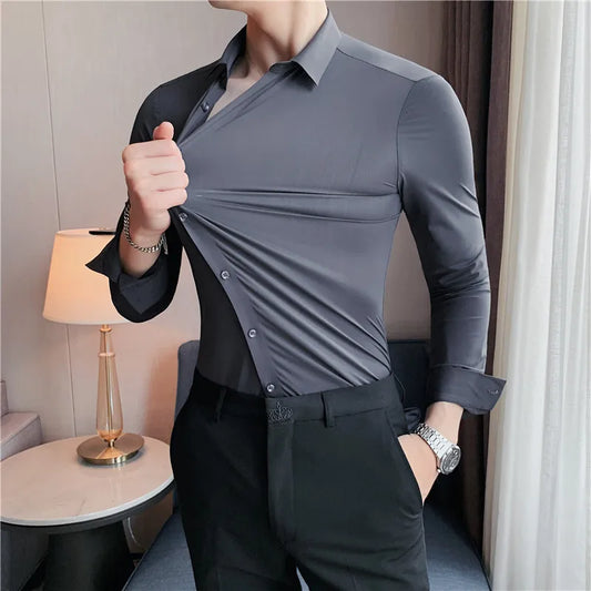 Men's slim fit dress shirt in dark gray broadcloth long sleeve business shirt - front view