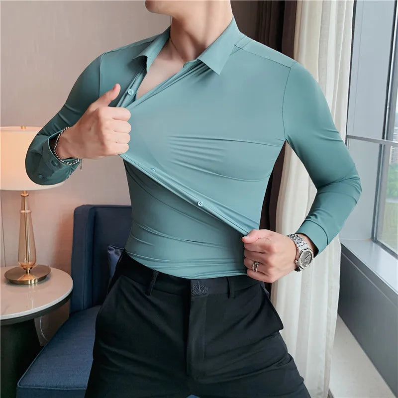 Men's slim fit dress shirt in teal broadcloth long sleeve business shirt - front view