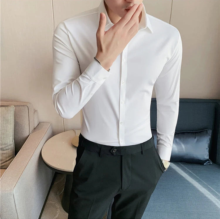 Men's slim fit dress shirt in white broadcloth long sleeve business shirt - front view casual lifestyle