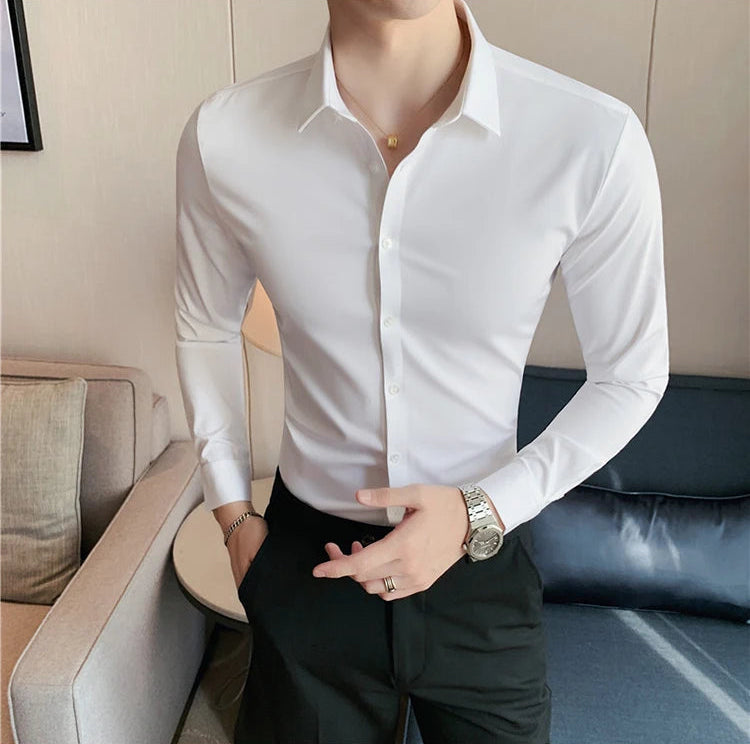 Men's slim fit dress shirt in white broadcloth long sleeve business shirt - front view standing pose