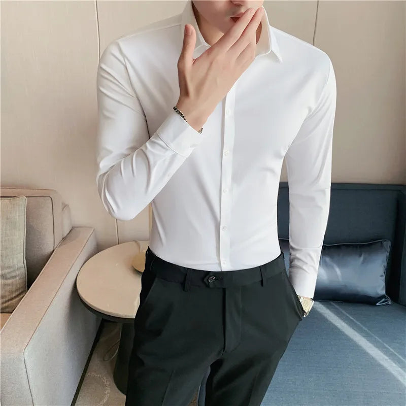 Men's slim fit dress shirt in white broadcloth long sleeve business shirt - front view