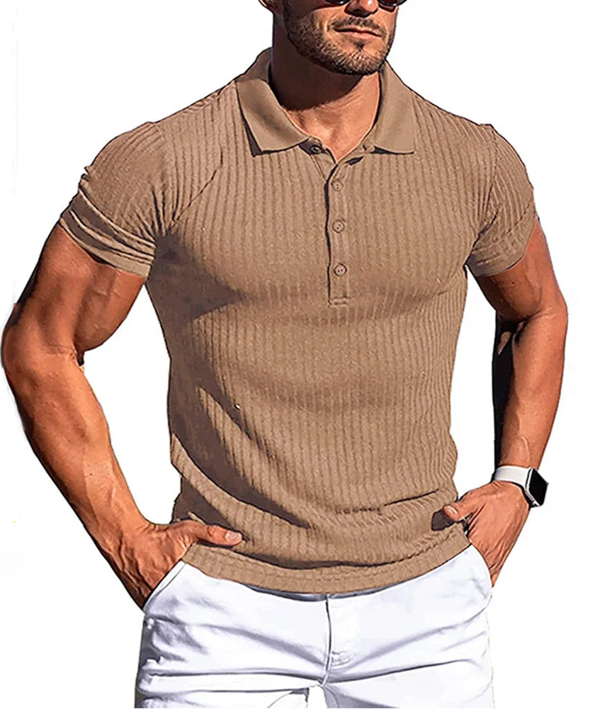 Men's striped polo shirt with stand collar, beige, front view