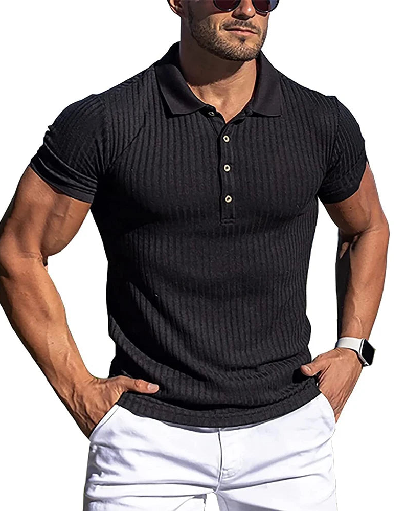 Men's striped polo shirt with stand collar, black, front view