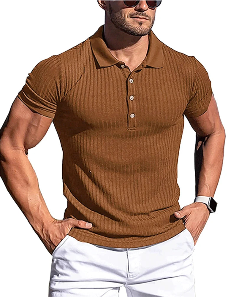 Men's striped polo shirt with stand collar, brown, front view
