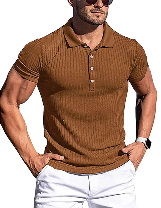 Men's striped polo shirt with stand collar, brown, front view