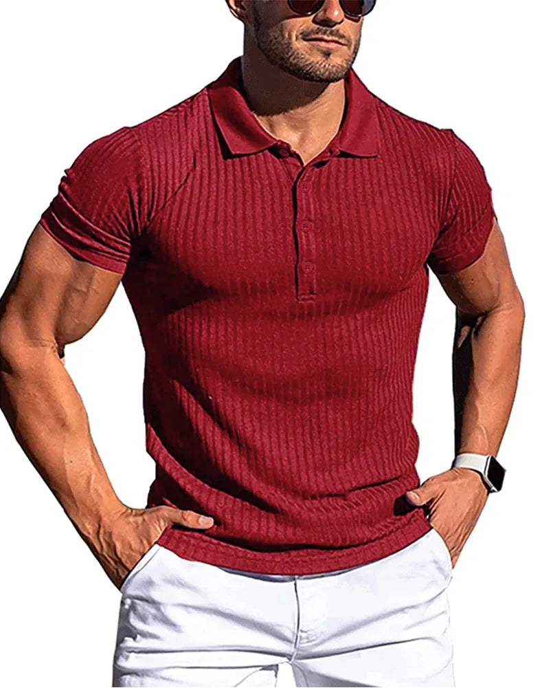 Men's striped polo shirt with stand collar, burgundy, front view
