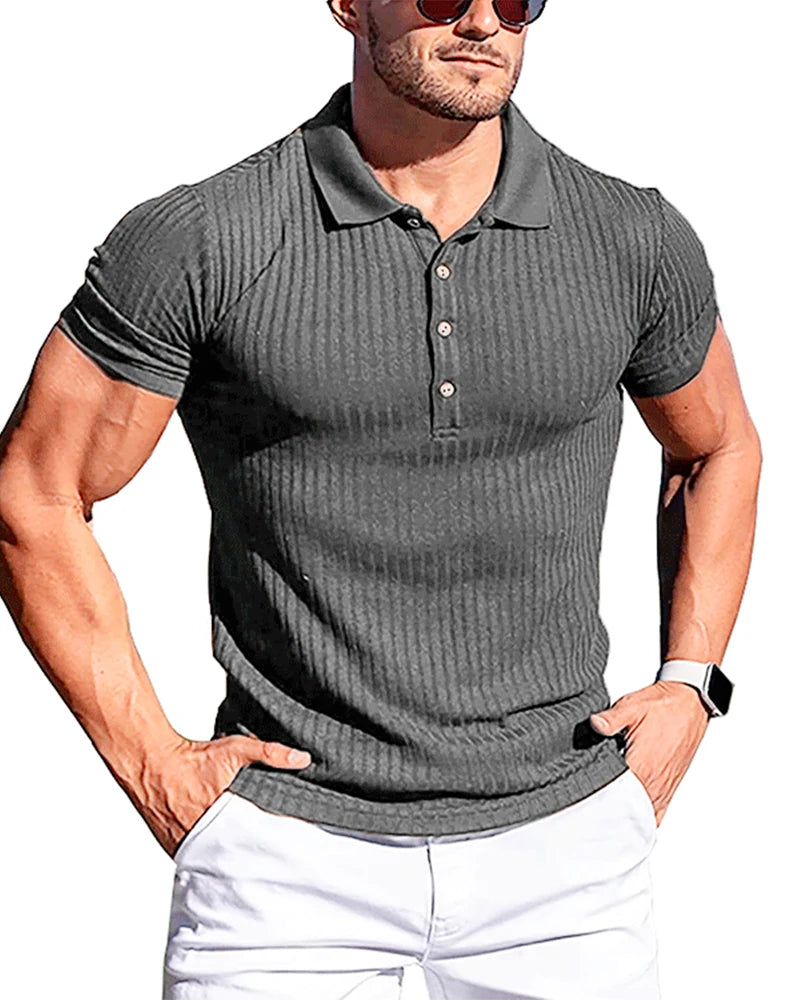 Men's striped polo shirt with stand collar, dark gray, front view