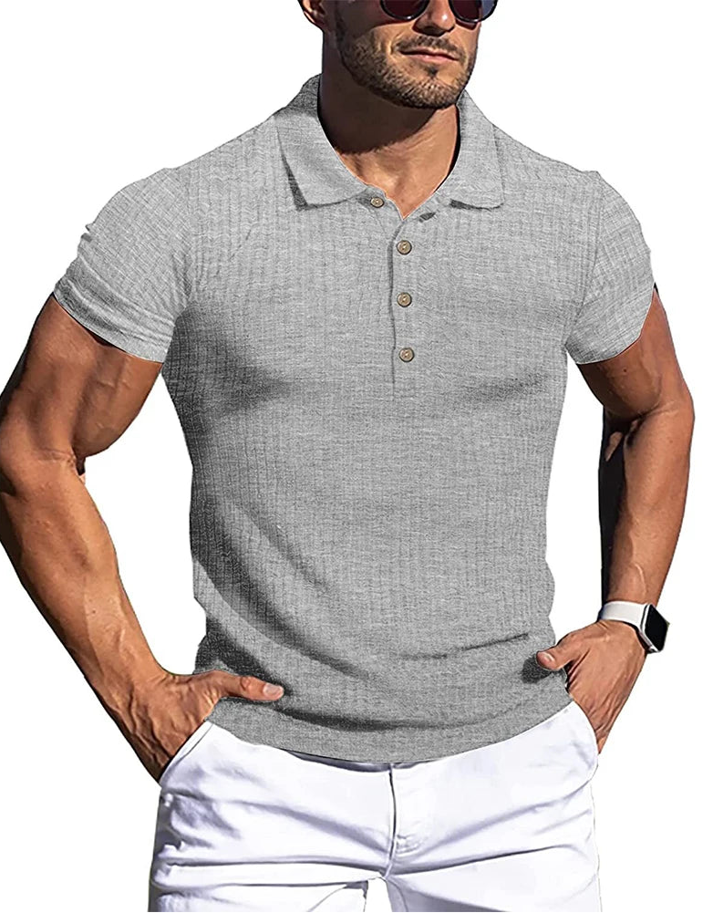 Men's striped polo shirt with stand collar, gray, front view