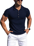Men's striped polo shirt with stand collar, navy blue, front view