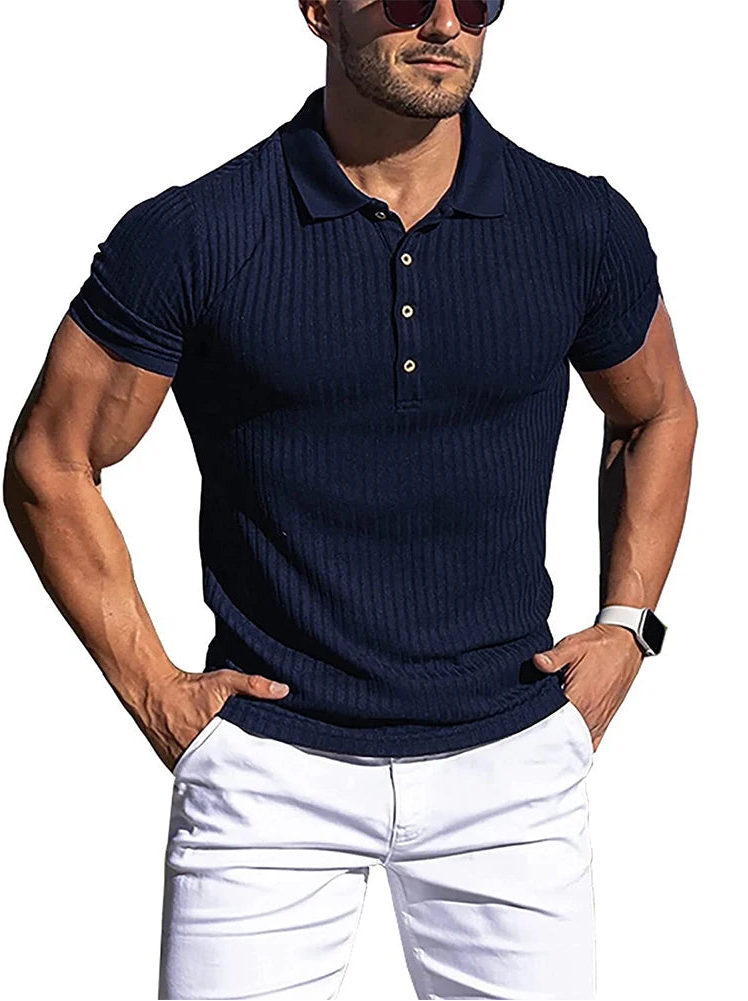 Men's striped polo shirt with stand collar, navy blue, front view