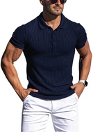 Men's striped polo shirt with stand collar, navy blue, front view hands in pockets