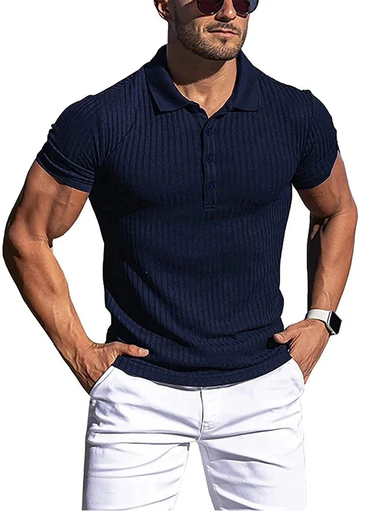 Men's striped polo shirt with stand collar, navy blue, front view hands in pockets