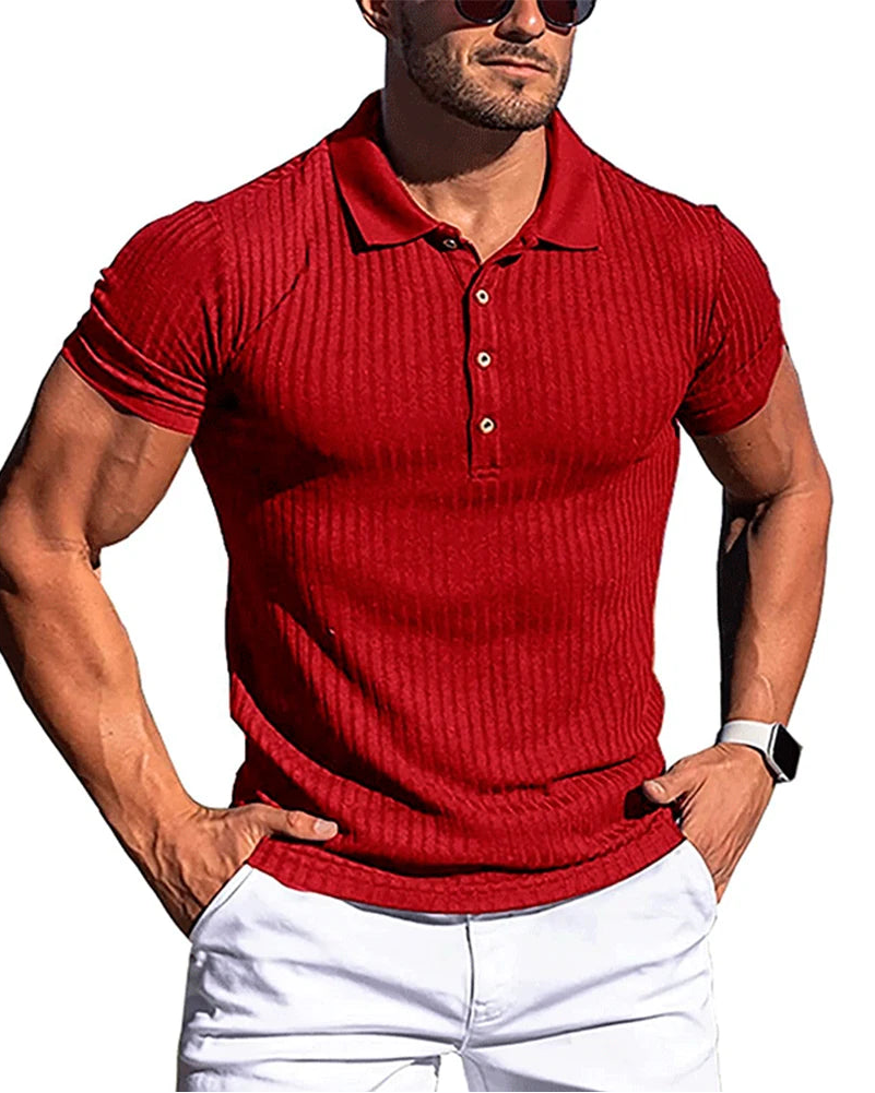 Men's striped polo shirt with stand collar, red, front view