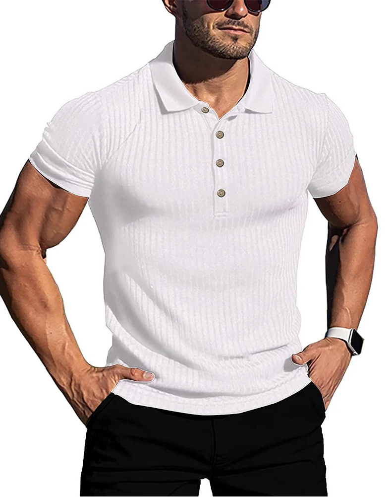 Men's striped polo shirt with stand collar, white, front view