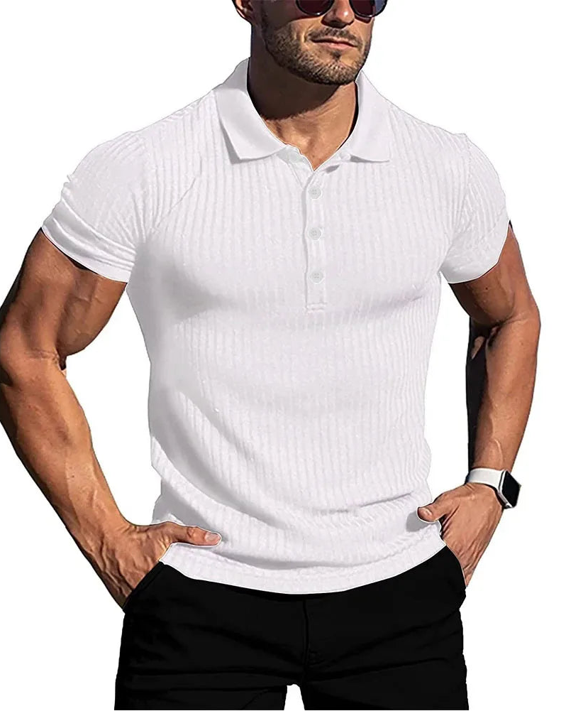 Men's striped polo shirt with stand collar, white, front view hands in pockets