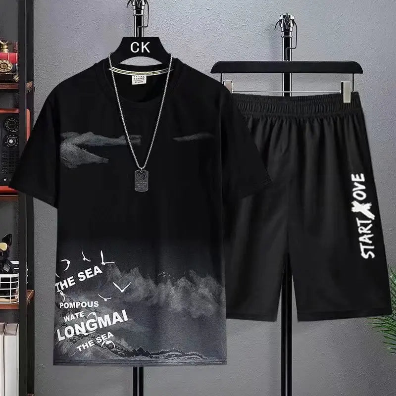 Men's summer 2-piece set in black - short sleeve graphic t-shirt with matching shorts, front view