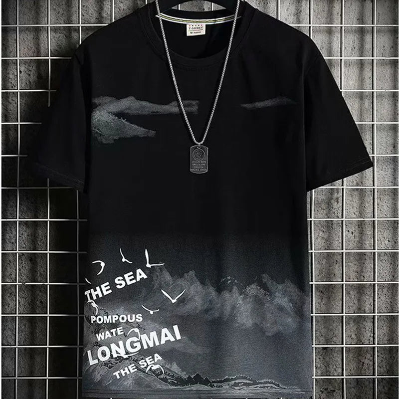 Men's short sleeve graphic t-shirt in black with ocean print design - part of summer 2-piece set, front view