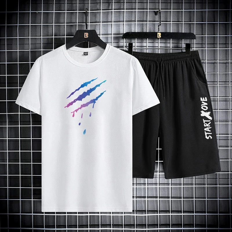 Men's summer 2-piece set with white t-shirt featuring colorful claw print and black shorts - short sleeve casual outfit, front view