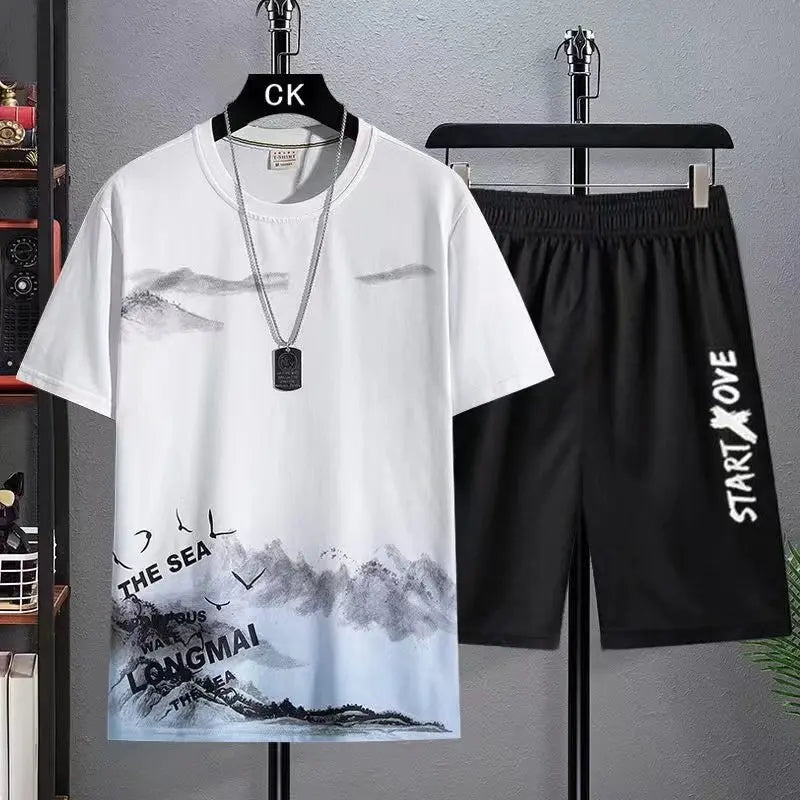 Men's summer 2-piece set with white graphic t-shirt and black shorts - short sleeve casual outfit, front view