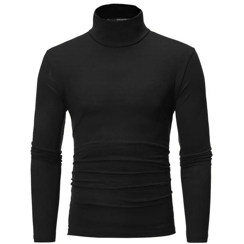 Men's thermal base layer turtleneck long sleeve top, black, slim fit, front view