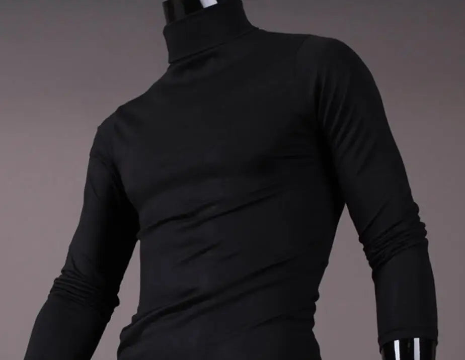 Men's thermal base layer turtleneck long sleeve top, black, slim fit, lifestyle side back view on model