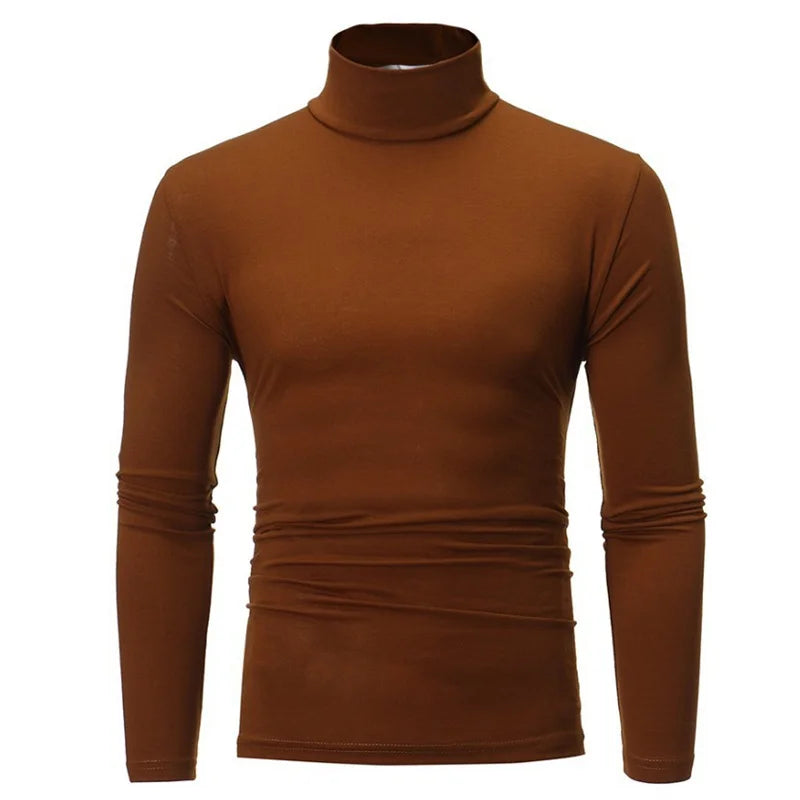 Men's thermal base layer turtleneck long sleeve top, camel brown, slim fit, front view