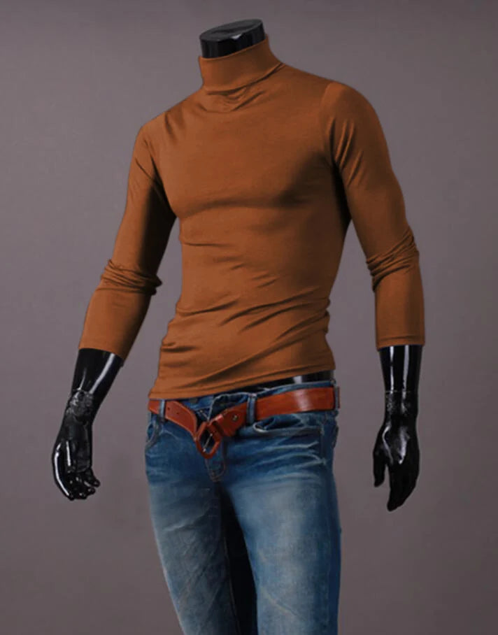 Men's thermal base layer turtleneck long sleeve top, camel brown, styled on mannequin with jeans and belt, front view