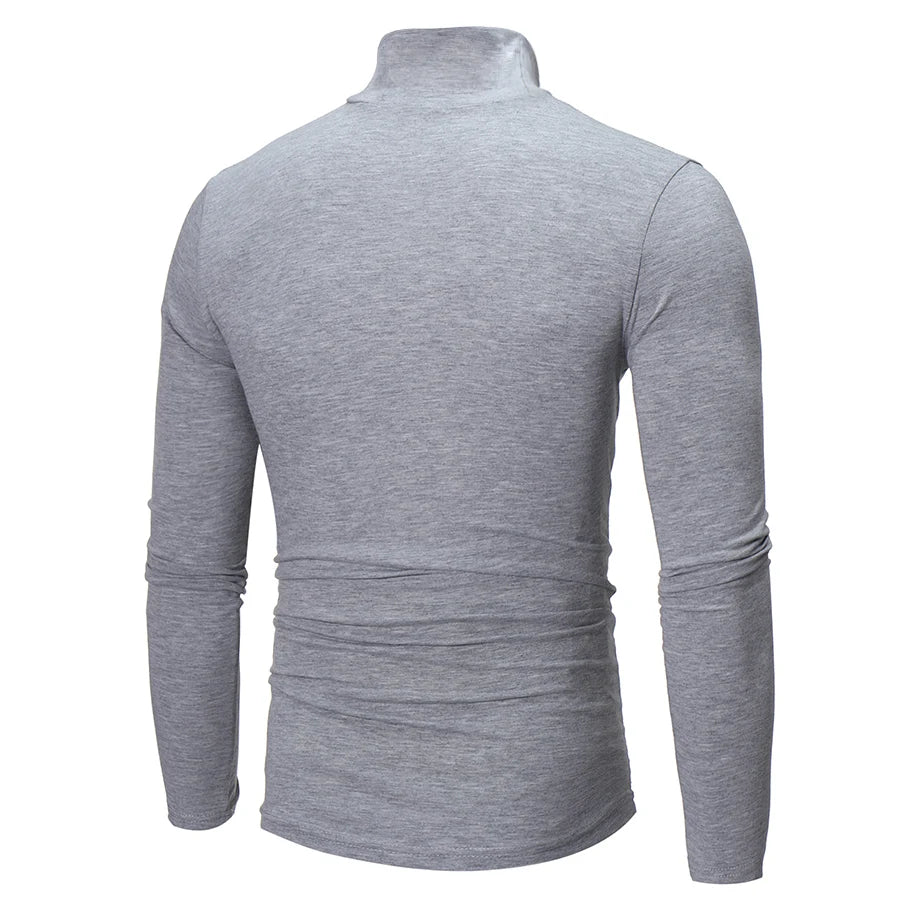 Men's thermal base layer turtleneck long sleeve top, light gray, slim fit, back view