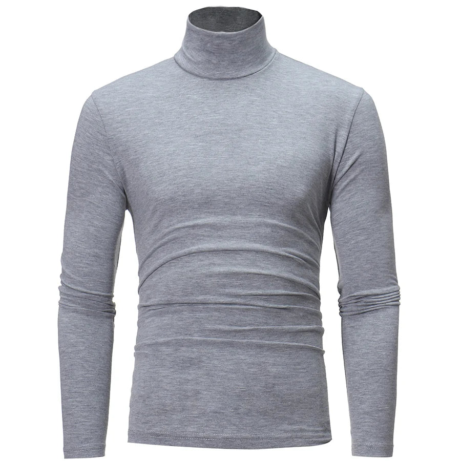 Men's thermal base layer turtleneck long sleeve top, light gray, slim fit, front view