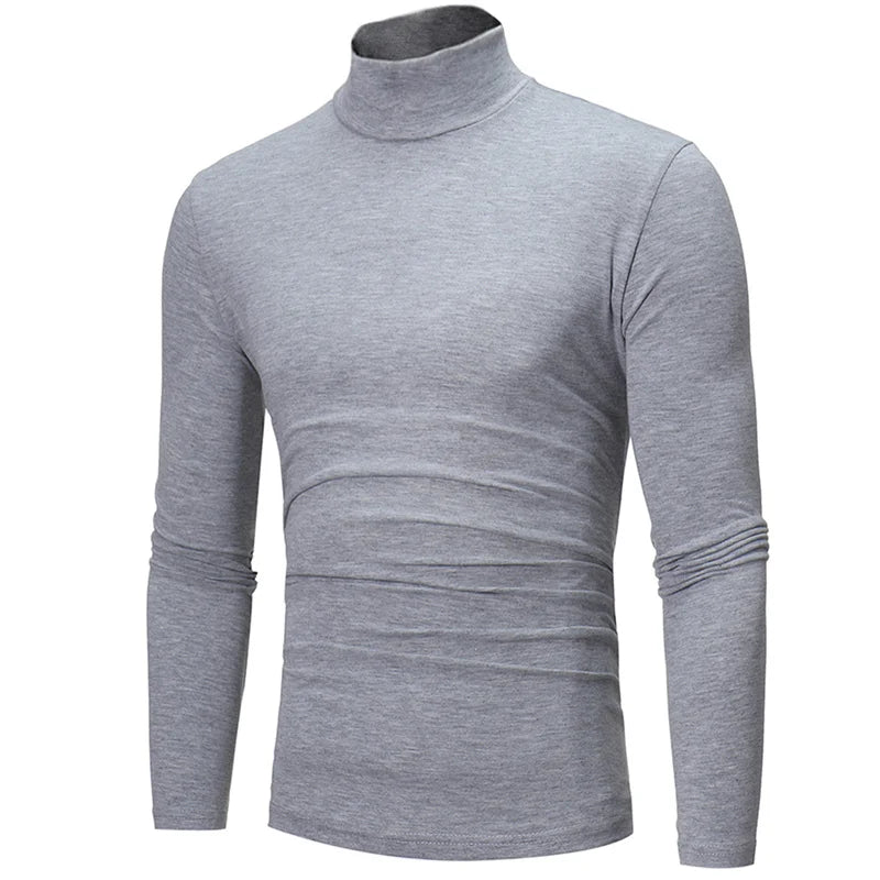 Men's thermal base layer turtleneck long sleeve top, light gray, slim fit, front view