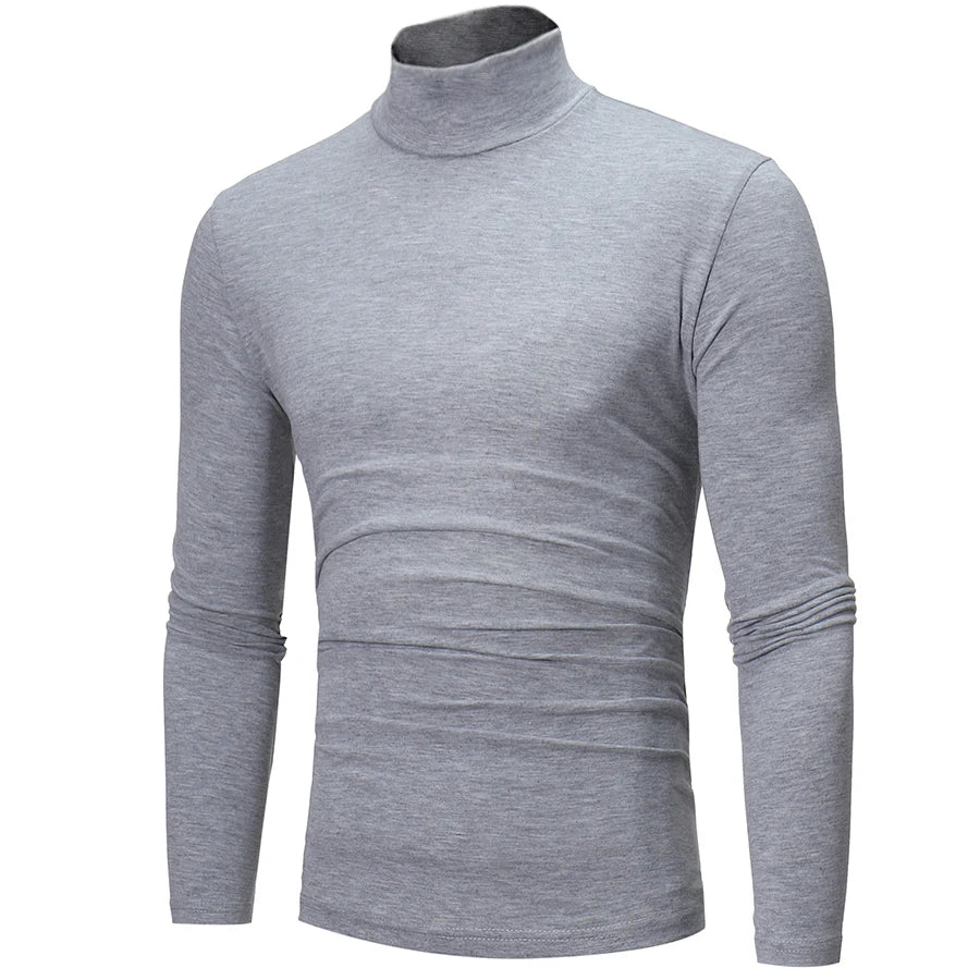 Men's thermal base layer turtleneck long sleeve top, light gray, slim fit, side view
