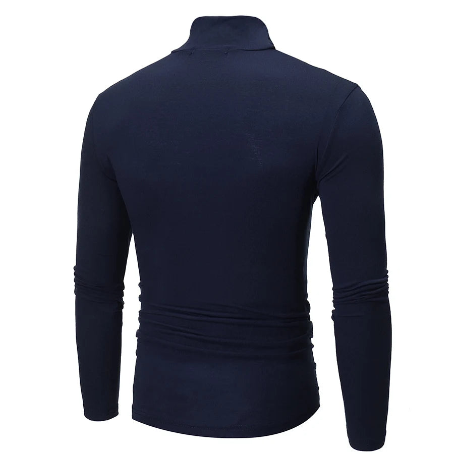 Men's thermal base layer turtleneck long sleeve top, navy blue, slim fit, back view