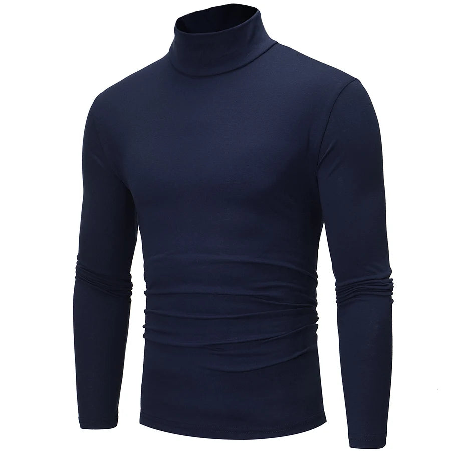 Men's thermal base layer turtleneck long sleeve top, navy blue, slim fit, three-quarter front view