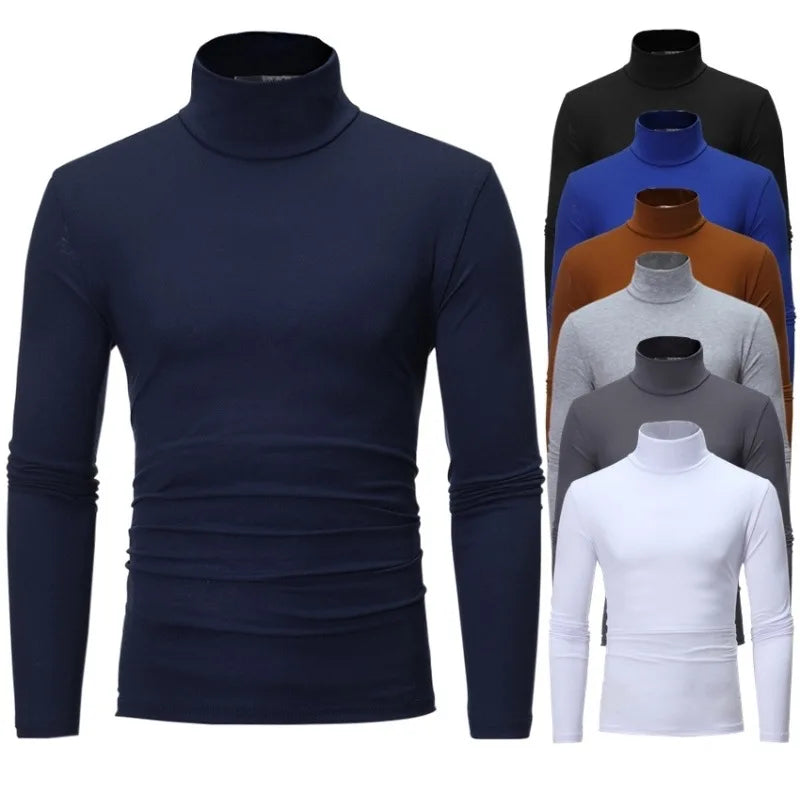 Men's thermal base layer turtleneck long sleeve top, navy blue, front view with available color options