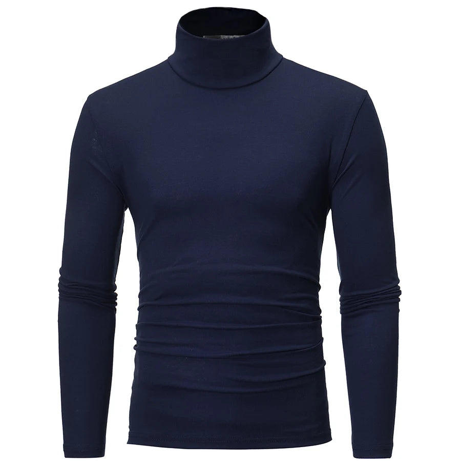 Men's thermal base layer turtleneck long sleeve top, navy blue, slim fit, front view
