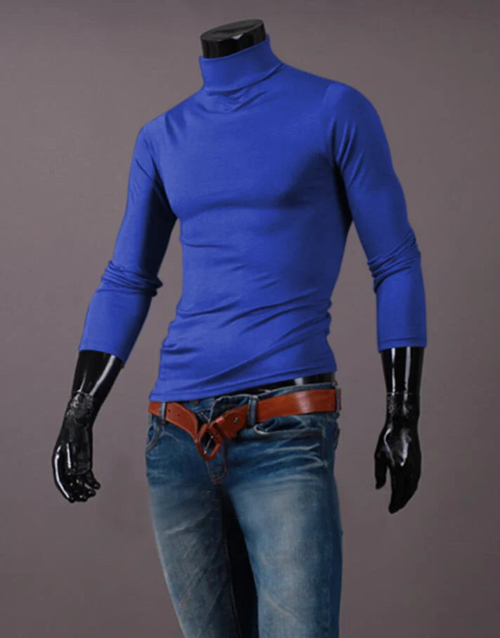 Men's thermal base layer turtleneck long sleeve top, royal blue, styled on mannequin with jeans and belt, front view