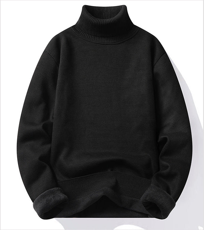 Men's slim fit turtleneck pullover sweater in black - knitted polyester, long sleeve casual wear, front view